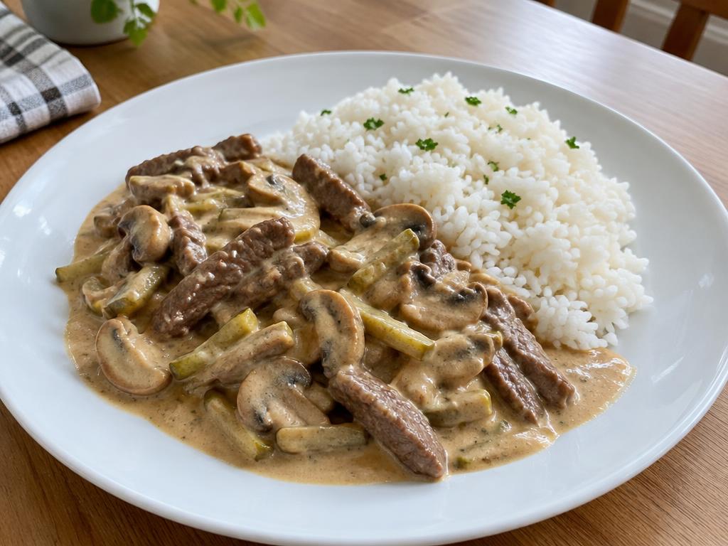 Hovězí stroganov s rýží
