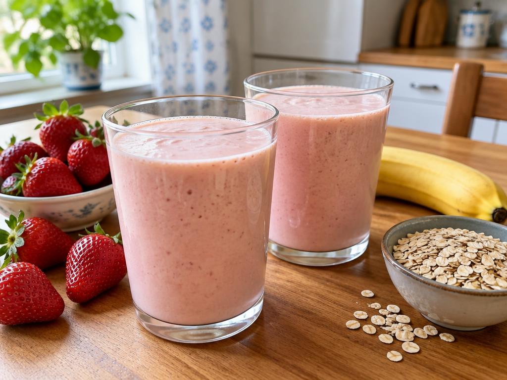Kefírové smoothie s vločkami a jahodami