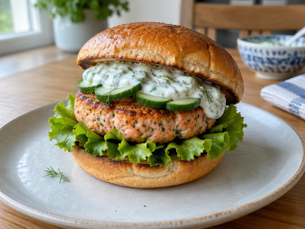 Lososový burger s koprovým dipem