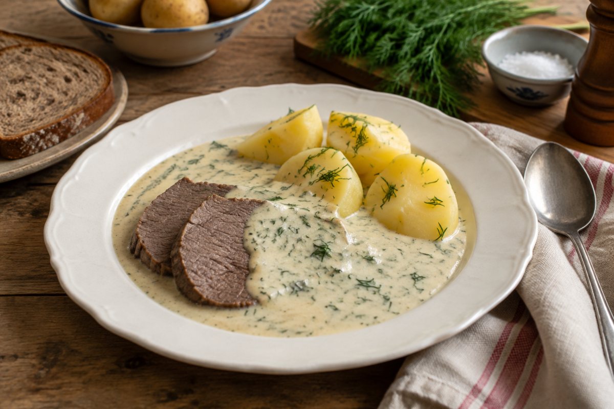 Koprová omáčka s hovězím a bramborami