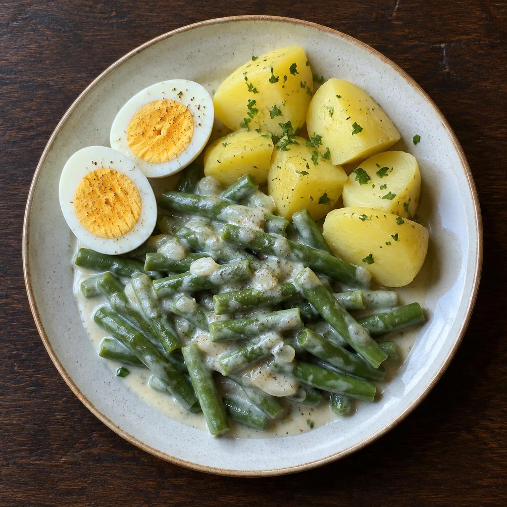 Zelené fazolky na smetaně s bramborem a vejcem