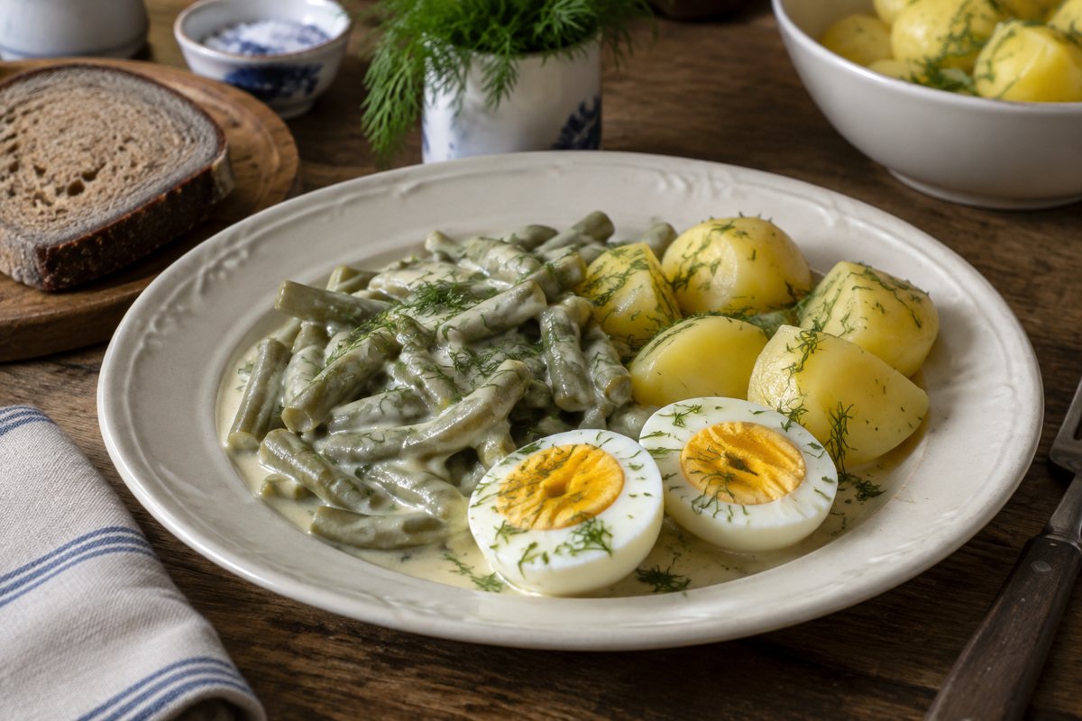 Zelené fazolky na kyselo s vejcem a bramborami