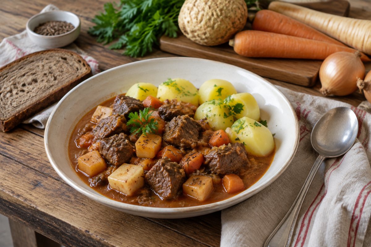 Hovězí kostky na kořenové zelenině s bramborami