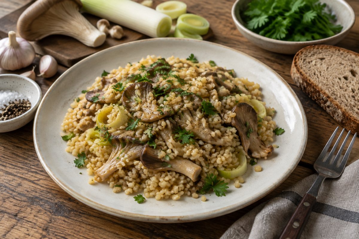 Bulgur s hlívou a pórkem