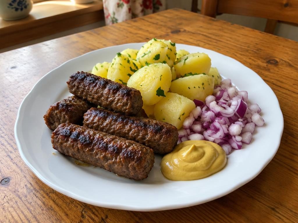 Čevapčiči s hořčicí, cibulí a bramborem