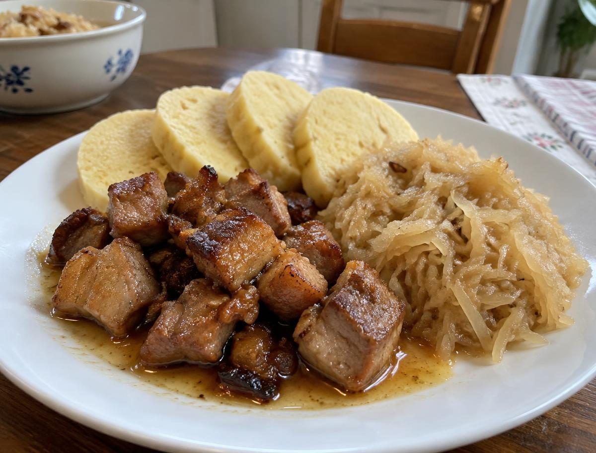 Vepřové výpečky s dušeným kysaným zelím a bramborovým knedlíkem
