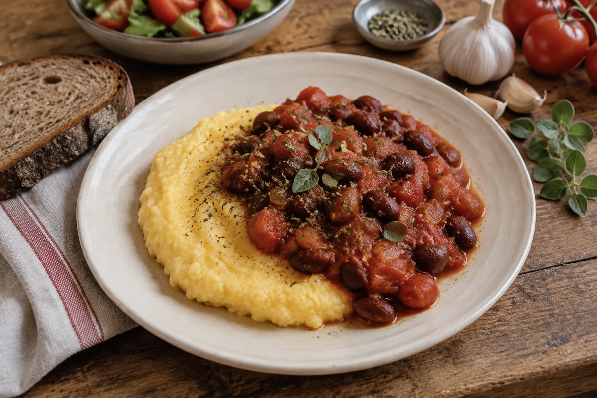 Polenta s rajčatovým fazolovým ragú