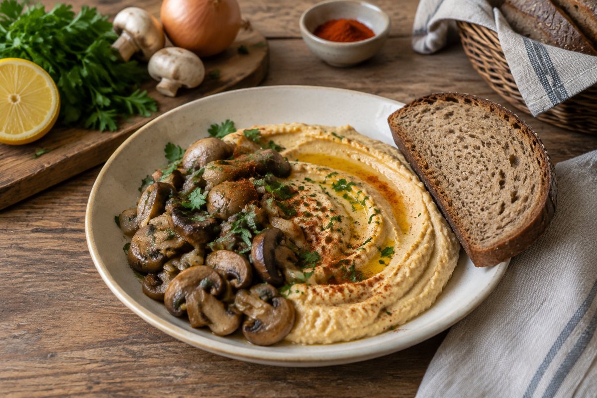 Hummus s teplými žampiony a pečivem