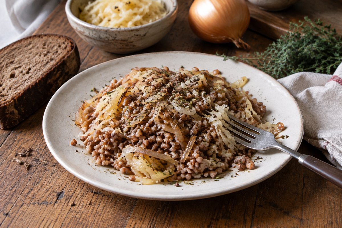 Pohanka s kysaným zelím a cibulkou
